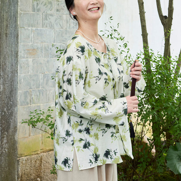 Buddha Stones Green Floral Leaves Lace-Up Buttons Long Sleeve Women's Shirt For Older Adults - image 7