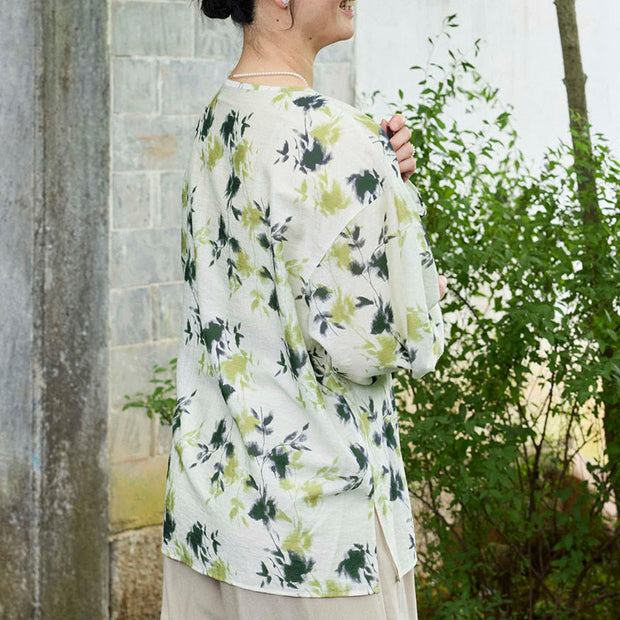Buddha Stones Green Floral Leaves Lace-Up Buttons Long Sleeve Women's Shirt For Older Adults - image 4