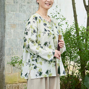 Buddha Stones Green Floral Leaves Lace-Up Buttons Long Sleeve Women's Shirt For Older Adults - image 8