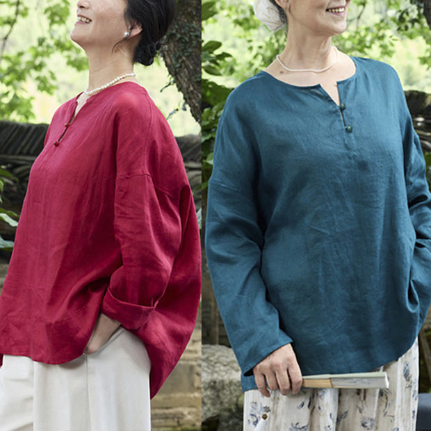 Buddha Stones Solid Color Linen Long Sleeve Women's Shirt For Older Adults - image 31
