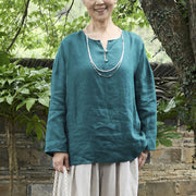 Buddha Stones Solid Color Linen Long Sleeve Women's Shirt For Older Adults - image 2