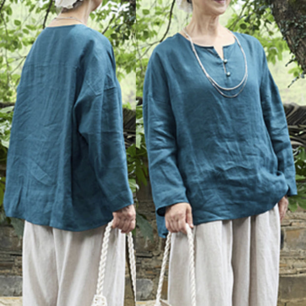 Buddha Stones Solid Color Linen Long Sleeve Women's Shirt For Older Adults - image 4