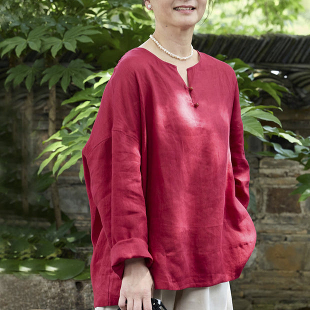 Buddha Stones Solid Color Linen Long Sleeve Women's Shirt For Older Adults - Crimson - US14，UK/AU18，EU46 (2XL) - image 16