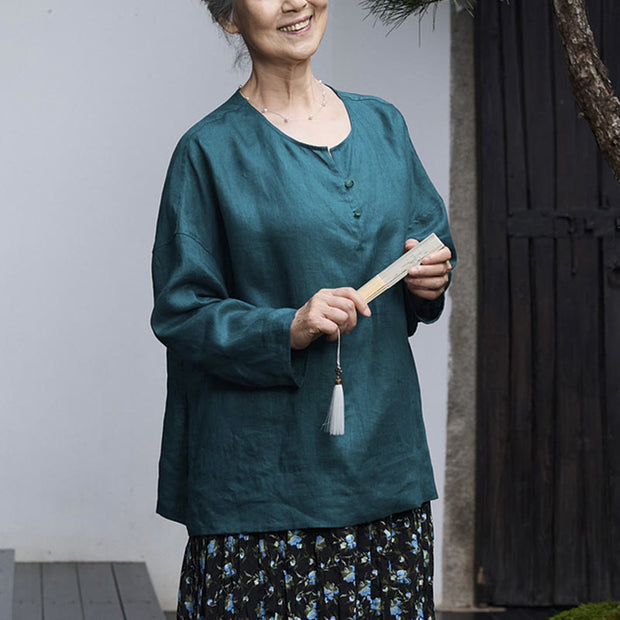 Buddha Stones Solid Color Linen Long Sleeve Women's Shirt For Older Adults - image 11