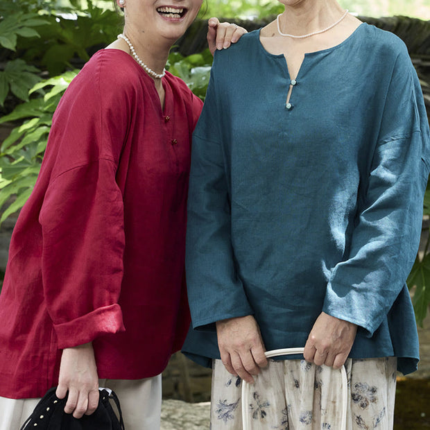 Buddha Stones Solid Color Linen Long Sleeve Women's Shirt For Older Adults - image 36