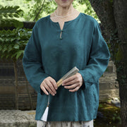 Buddha Stones Solid Color Linen Long Sleeve Women's Shirt For Older Adults - Teal - US14，UK/AU18，EU46 (2XL) - image 1