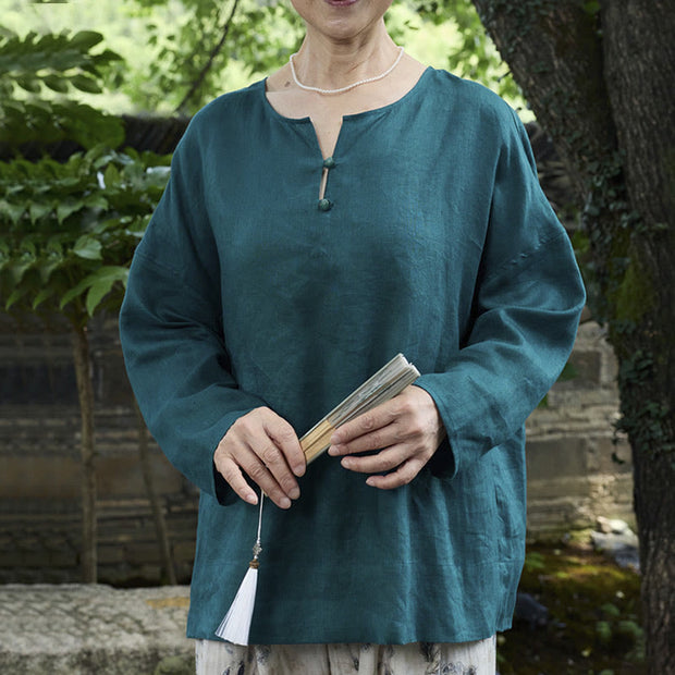 Buddha Stones Solid Color Linen Long Sleeve Women's Shirt For Older Adults - Teal - US14，UK/AU18，EU46 (2XL) - image 1
