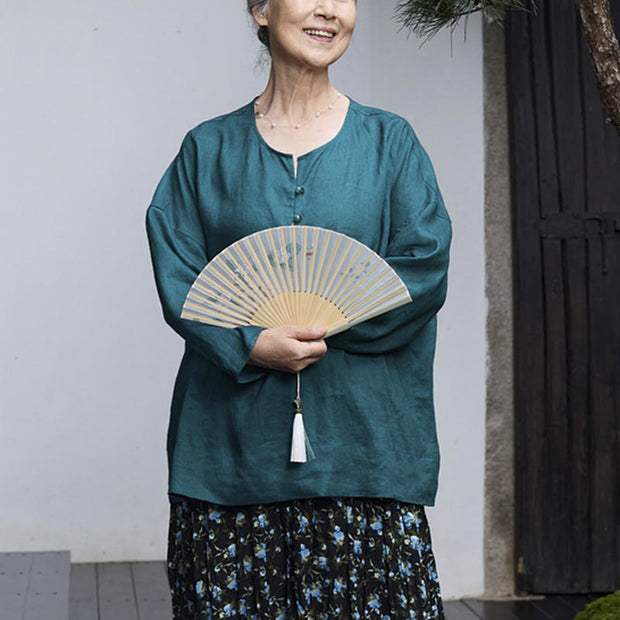 Buddha Stones Solid Color Linen Long Sleeve Women's Shirt For Older Adults - image 9