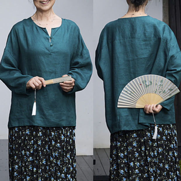 Buddha Stones Solid Color Linen Long Sleeve Women's Shirt For Older Adults - image 3