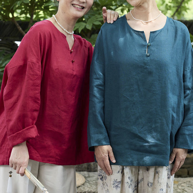 Buddha Stones Solid Color Linen Long Sleeve Women's Shirt For Older Adults - image 28