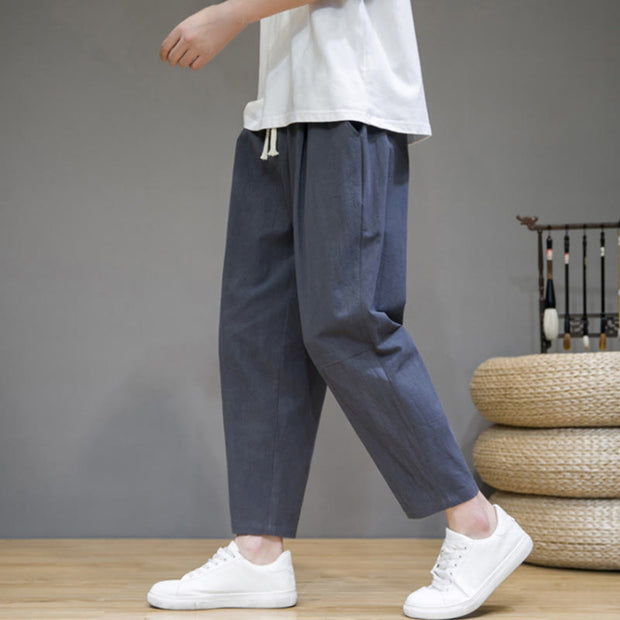 Buddha Stones Casual Pure Color Tapered Design Men's Cotton Linen Drawstring Pants With Pockets - image 12
