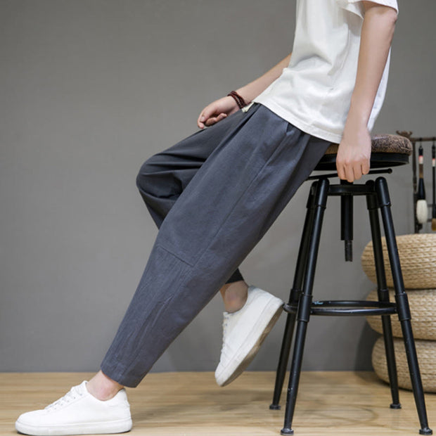 Buddha Stones Casual Pure Color Tapered Design Men's Cotton Linen Drawstring Pants With Pockets - image 14