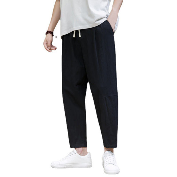 Buddha Stones Casual Pure Color Tapered Design Men's Cotton Linen Drawstring Pants With Pockets - image 7