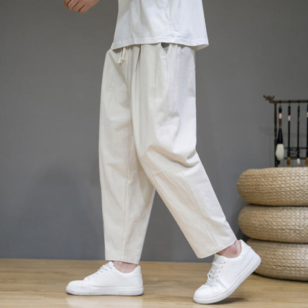 Buddha Stones Casual Pure Color Tapered Design Men's Cotton Linen Drawstring Pants With Pockets - image 16