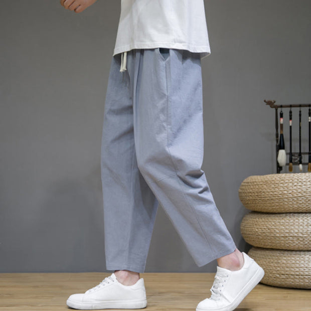 Buddha Stones Casual Pure Color Tapered Design Men's Cotton Linen Drawstring Pants With Pockets - image 20