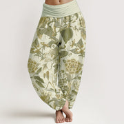 Buddha Stones Pure Cotton Lotus Leaf Peony Pattern Women's Elastic Waist Harem Pants - Beige - US22，UK/AU26，EU54 (6XL) - image 9