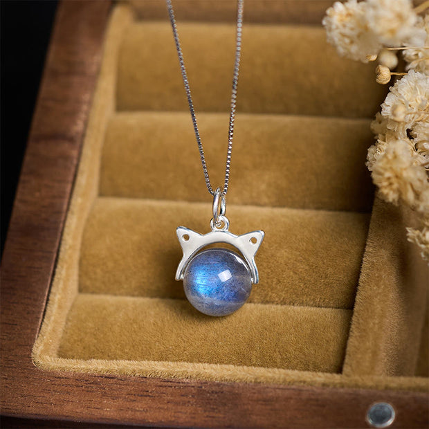 Buddha Stones 925 Sterling Silver Moonstone Cat Healing Necklace Pendant - image 2