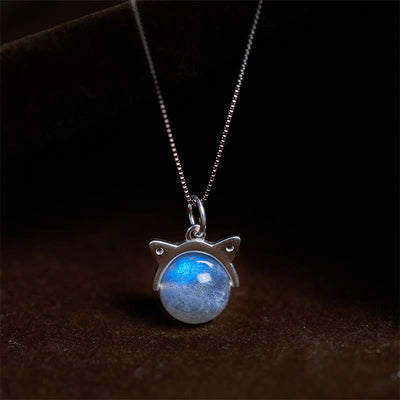 Buddha Stones 925 Sterling Silver Moonstone Cat Healing Necklace Pendant - 10mm+0.8mm Chain - image 1