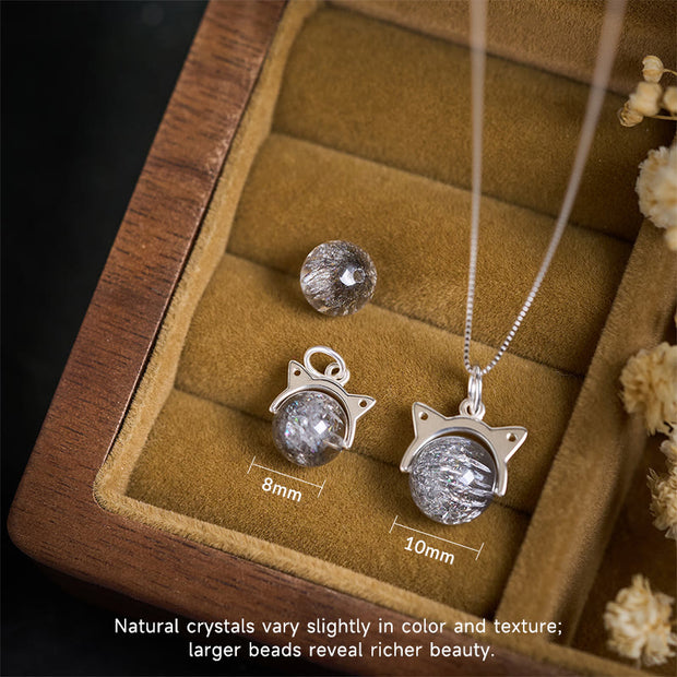 Buddha Stones 925 Sterling Silver Natural Silver Quartz Super Seven Crystal Cat Necklace Pendant - image 4