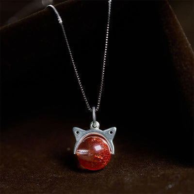 Buddha Stones 925 Sterling Silver Natural Red Super Seven Crystal Cat Necklace Pendant - 10mm+0.8mm Chain - image 1