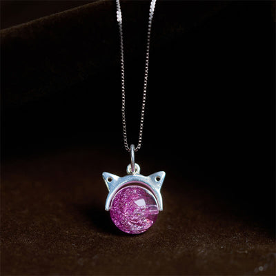 Buddha Stones 925 Sterling Silver Natural Light Purple Fireworks Super Seven Crystal Cat Necklace Pendant - 10mm+0.8mm Chain - image 1