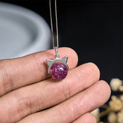 Buddha Stones 925 Sterling Silver Natural Light Purple Fireworks Super Seven Crystal Cat Necklace Pendant - image 5