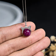 Buddha Stones 925 Sterling Silver Natural Deep Purple Fireworks Super Seven Crystal Cat Necklace Pendant - image 5