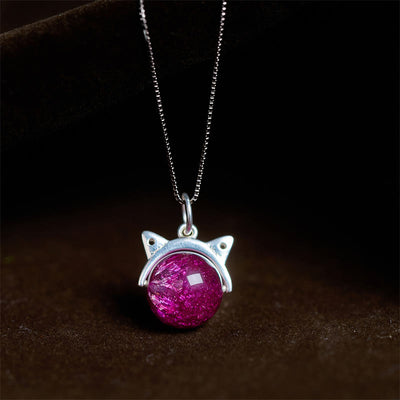 Buddha Stones 925 Sterling Silver Natural Deep Purple Fireworks Super Seven Crystal Cat Necklace Pendant - 10mm+0.8mm Chain - image 1