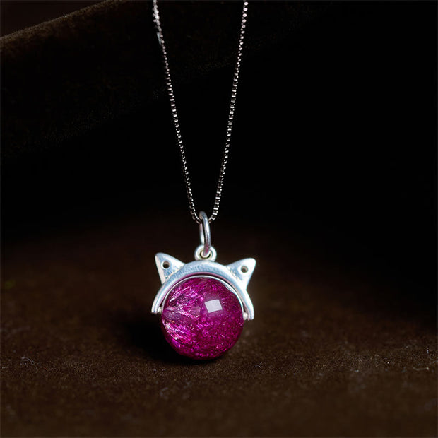 Buddha Stones 925 Sterling Silver Natural Deep Purple Fireworks Super Seven Crystal Cat Necklace Pendant - 10mm+0.8mm Chain - image 1
