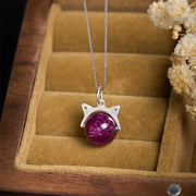 Buddha Stones 925 Sterling Silver Natural Deep Purple Fireworks Super Seven Crystal Cat Necklace Pendant - image 2