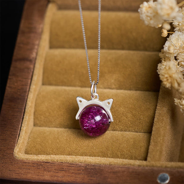 Buddha Stones 925 Sterling Silver Natural Deep Purple Fireworks Super Seven Crystal Cat Necklace Pendant - image 2