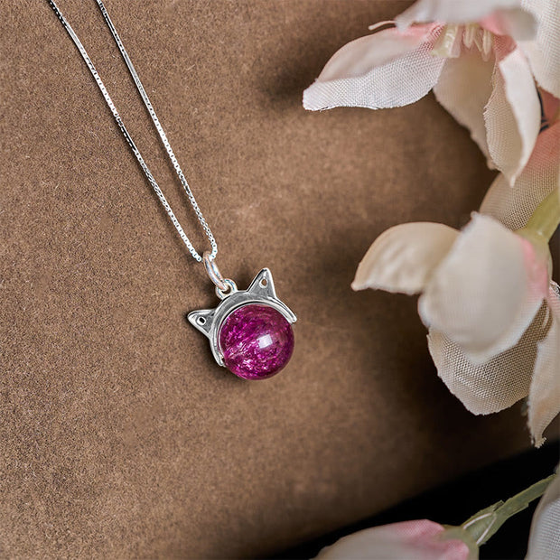 Buddha Stones 925 Sterling Silver Natural Deep Purple Fireworks Super Seven Crystal Cat Necklace Pendant - image 3