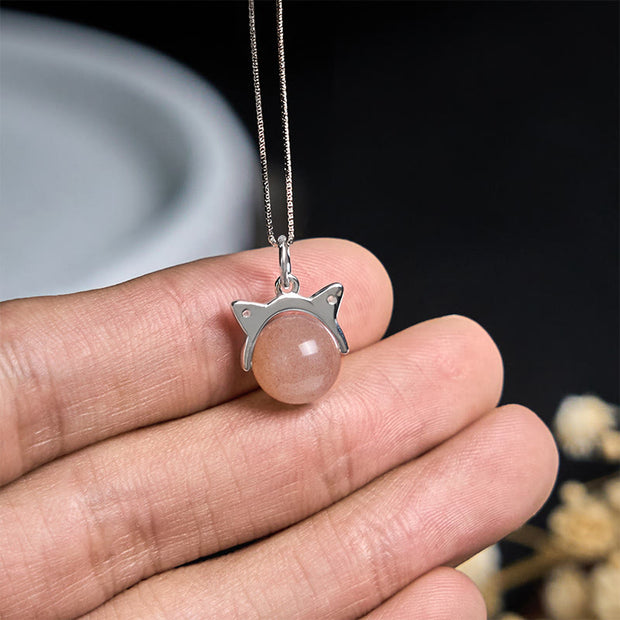 Buddha Stones 925 Sterling Silver Natural Orange Moonstone Cat Healing Necklace Pendant - image 4