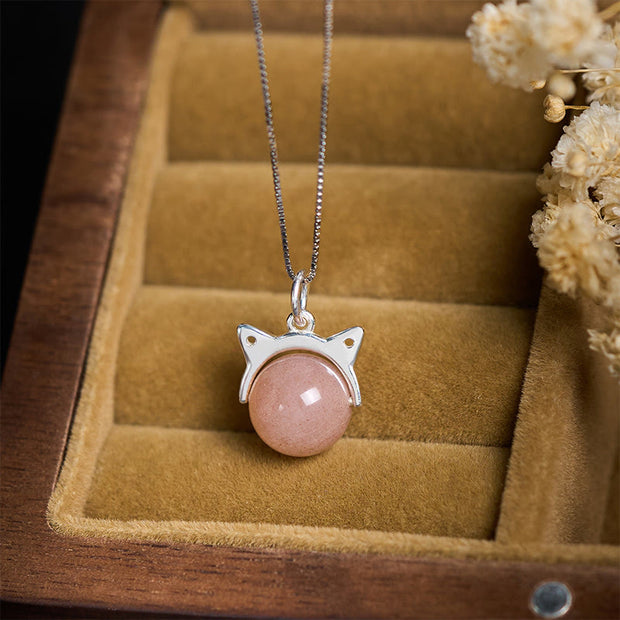 Buddha Stones 925 Sterling Silver Natural Orange Moonstone Cat Healing Necklace Pendant - image 1