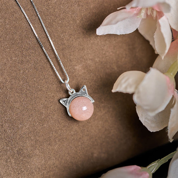 Buddha Stones 925 Sterling Silver Natural Orange Moonstone Cat Healing Necklace Pendant - image 2