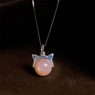 Buddha Stones 925 Sterling Silver Natural Orange Moonstone Cat Healing Necklace Pendant - 10mm+0.8mm Chain - image 0