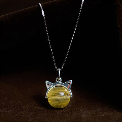 Buddha Stones 925 Sterling Silver Natural Golden Lepidolite Cat Prosperity Necklace Pendant - 10mm+0.8mm Chain - image 1