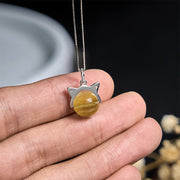 Buddha Stones 925 Sterling Silver Natural Golden Lepidolite Cat Prosperity Necklace Pendant - image 5