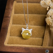 Buddha Stones 925 Sterling Silver Natural Golden Lepidolite Cat Prosperity Necklace Pendant - image 2