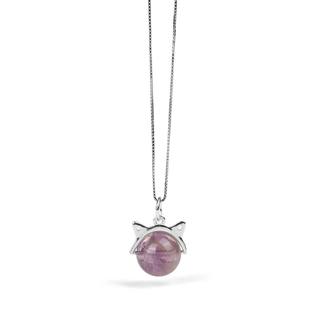 Buddha Stones 925 Sterling Silver Natural Rainbow Amethyst Cat Positive Necklace Pendant - image 7