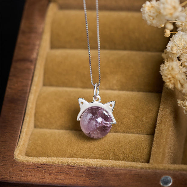 Buddha Stones 925 Sterling Silver Natural Rainbow Amethyst Cat Positive Necklace Pendant - image 2