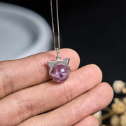 Buddha Stones 925 Sterling Silver Natural Rainbow Amethyst Cat Positive Necklace Pendant - image 5