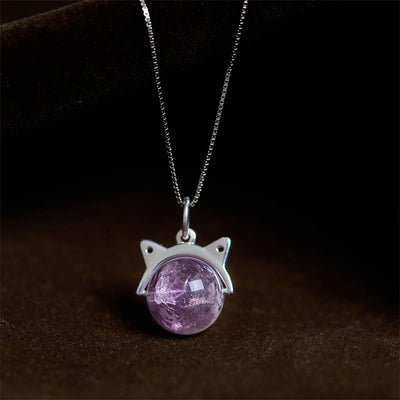 Buddha Stones 925 Sterling Silver Natural Rainbow Amethyst Cat Positive Necklace Pendant - 10mm+0.8mm Chain - image 1