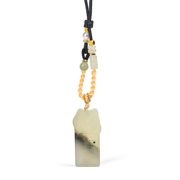 Buddha Stones Natural Xiuyan Jade Cat Rope Necklace Pendant - image 8