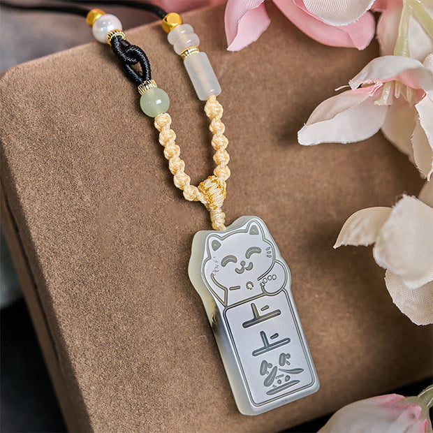 Buddha Stones Natural Xiuyan Jade Cat Rope Necklace Pendant - image 2