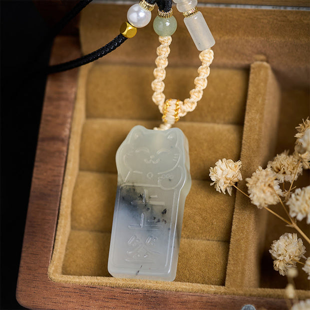 Buddha Stones Natural Xiuyan Jade Cat Rope Necklace Pendant - image 3