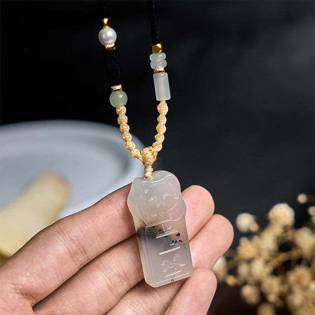 Buddha Stones Natural Xiuyan Jade Cat Rope Necklace Pendant - image 7