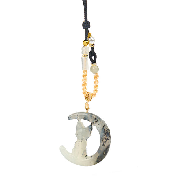 Buddha Stones Natural Xiuyan Jade Crescent Moon Cat Balance Necklace Pendant - image 7