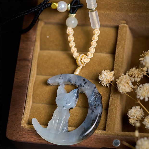 Buddha Stones Natural Xiuyan Jade Crescent Moon Cat Balance Necklace Pendant - image 1