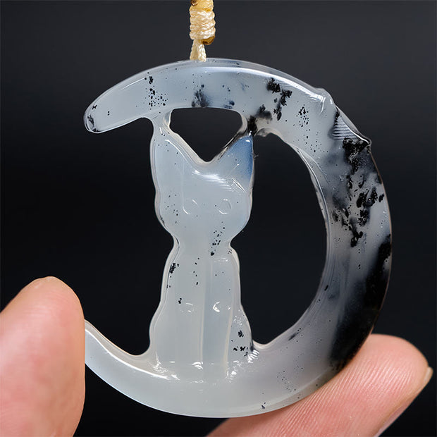 Buddha Stones Natural Xiuyan Jade Crescent Moon Cat Balance Necklace Pendant - image 6